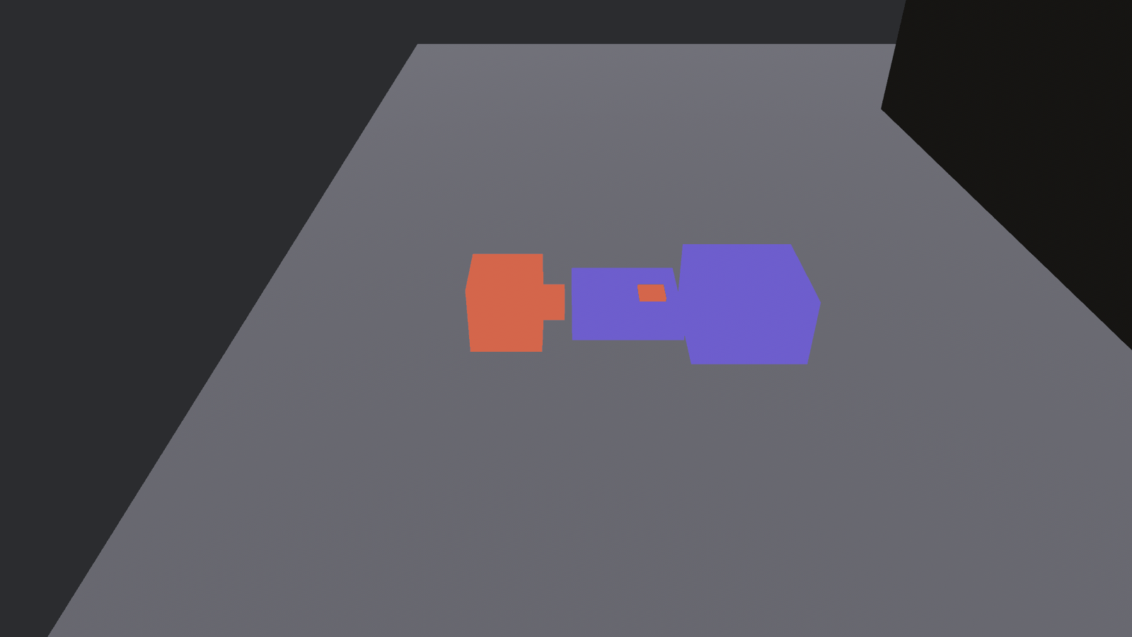 A grey ground plane in a dark void. On the left, a coral-orange block marking a resource vein. In the middle, a flat violet belt with a small coral cube sitting partway along it. On the right, a larger violet block acting as the sink.