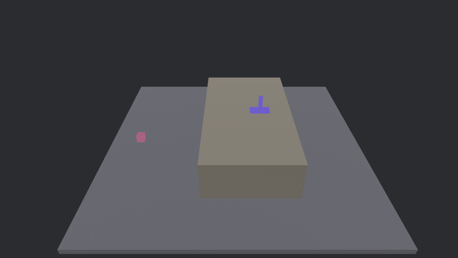 A flat grey plane floating in a dark void, with a raised rectangular plateau across its middle. A small coral-orange marker sits on the low ground to the left; a violet pad with a short upright beacon stands on top of the plateau to the right.